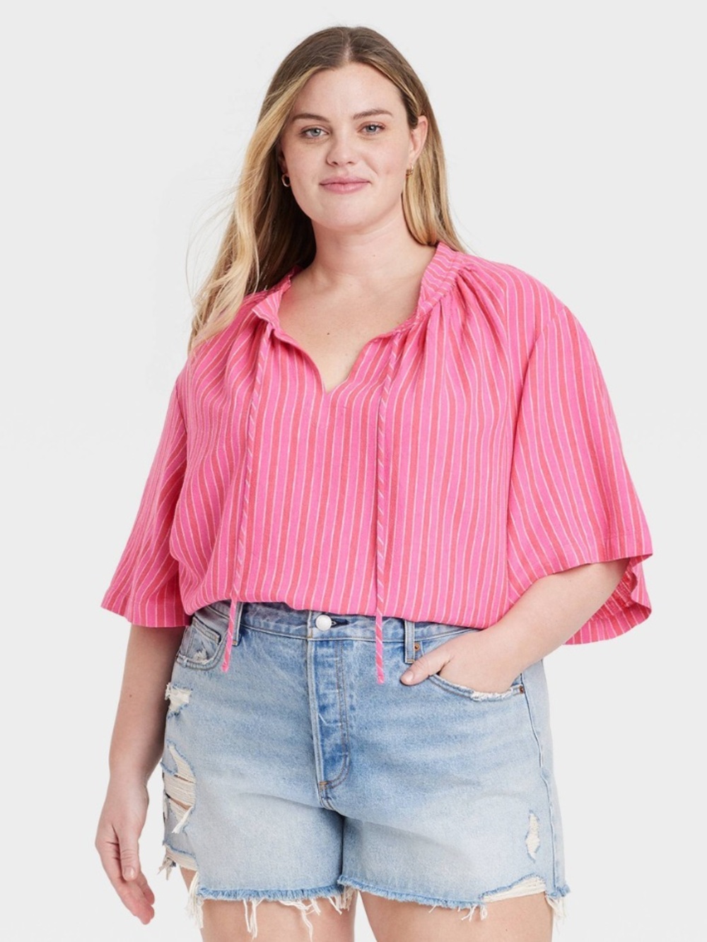 Universal Thread Women's Flowy Elbow Sleeve Popover Blouse Pink Striped XXL
